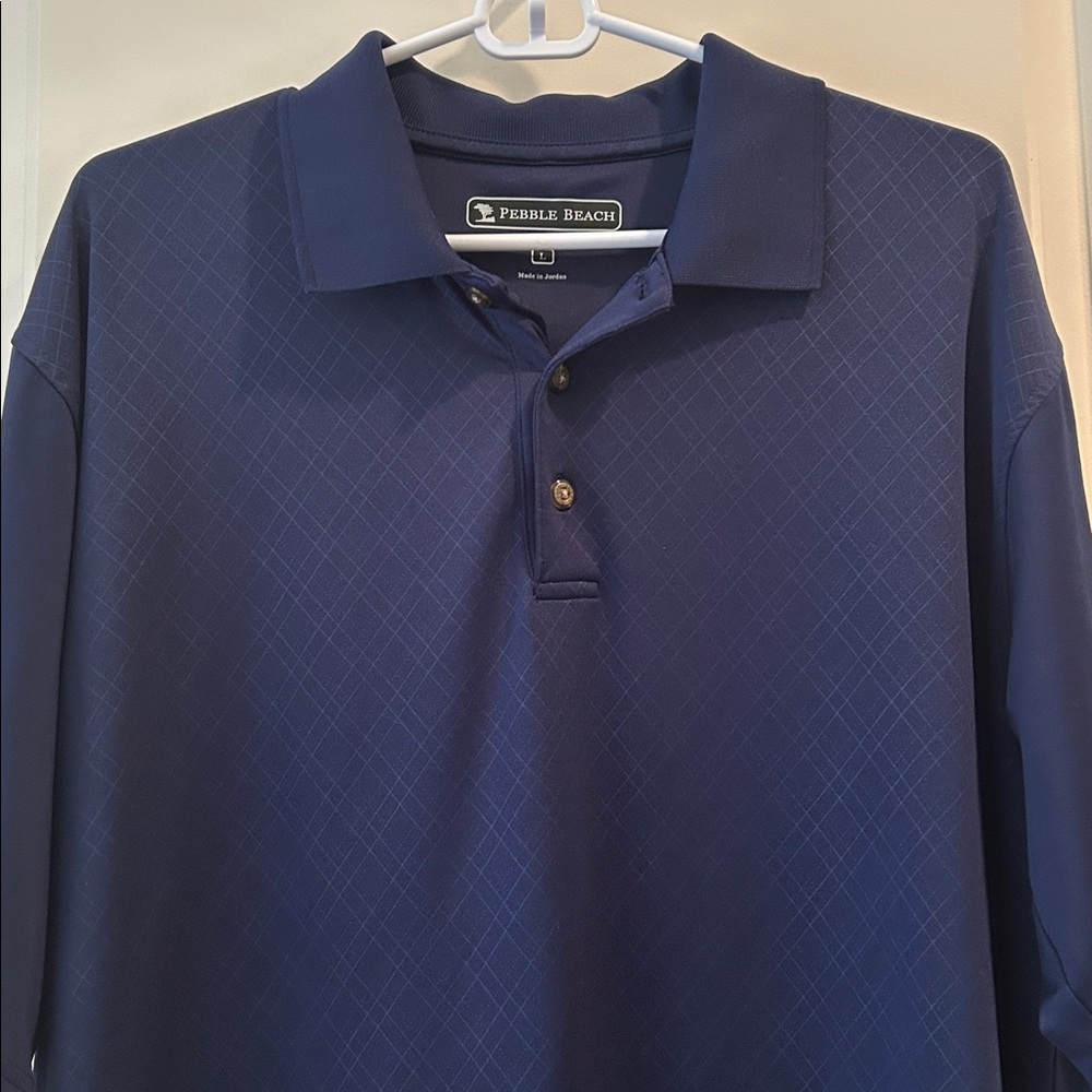 Pebble Beach men's diamond print performance polo short sleeves size L blue